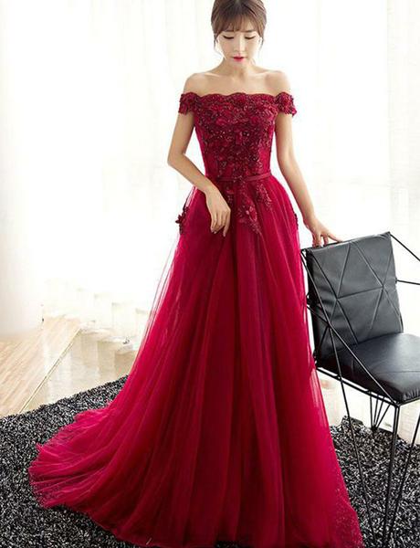 Burgundy Tulle Long Prom Dresses Applique Lace Evening Dresses 2019