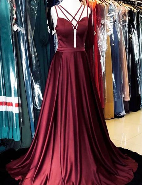 Sexy A Line Burgundy Satin Long Prom Evening Dresses,backless Formal Gown