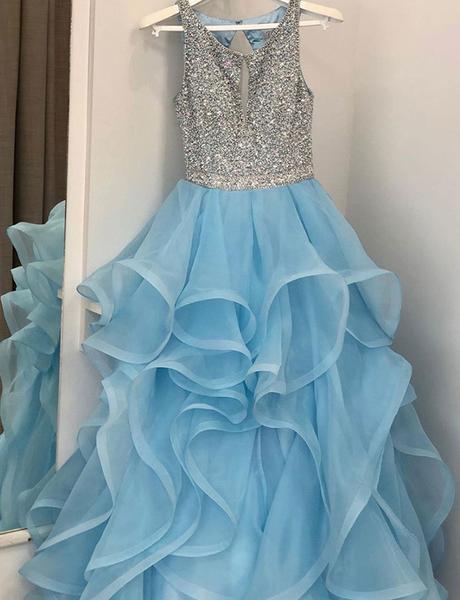 Bling A Line Round Neck Blue Long Prom Dresses With Beading Ruffles