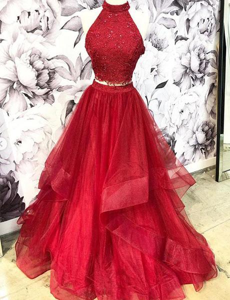 Two Piece Red Prom Dresses High Neck Evening Dresses With Appliques