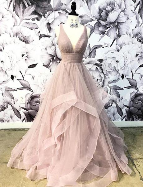 Gorgeous A Line Pink Prom Dresses Long V Neck Evening Dresses Ruffles