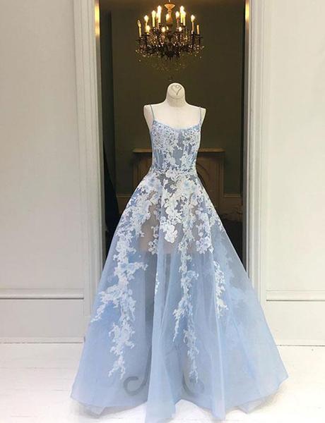 Gorgeous A Line Blue Prom Dresses Spaghetti Straps Evening Dresses Appliques
