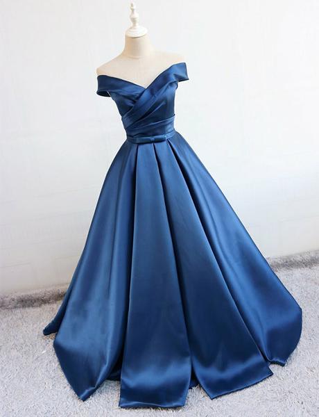 Beautiful Long Prom Dresses Off The Shoulder Pleated Satin Formal Evening Dresses