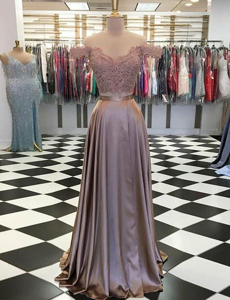 Two Piece Champagne Long Prom Dresses Off The Shoulder Appliques
