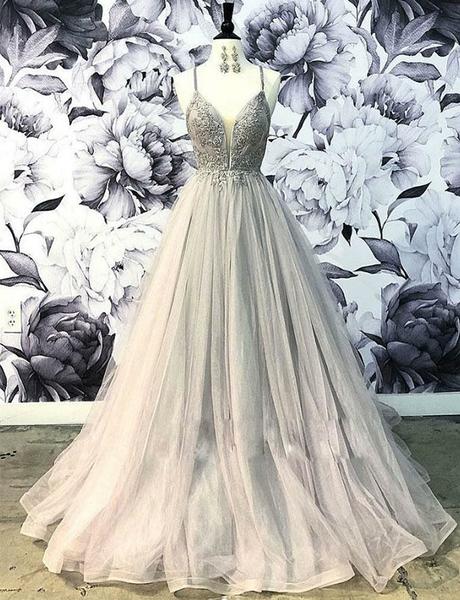 Gray Long Prom Dresses Spaghetti Straps Appliques Evening Party Dresses