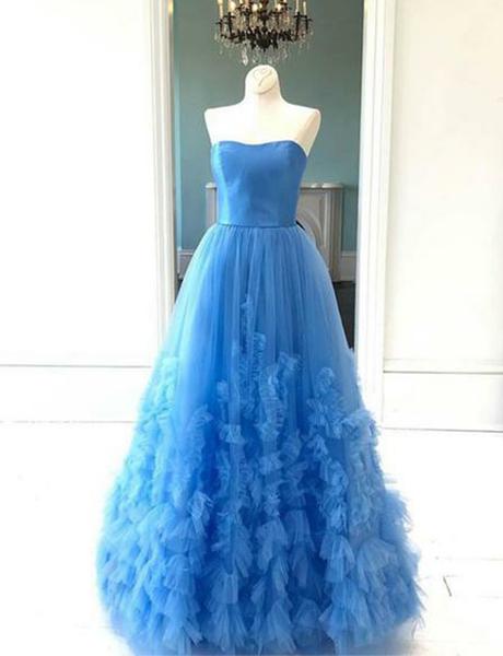 Blue Long Prom Dresses Strapless Appliques Evening Party Dresses Online