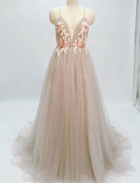 Champagne Long Prom Dresses Spagehtti Straps Appliques Evening Dresses