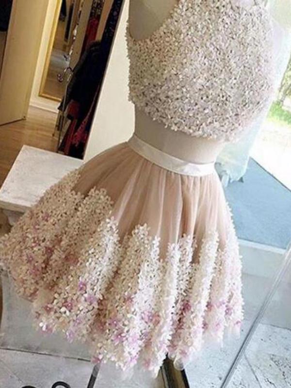 Prom Dress Short,Two Pieces Lace Prom Dress,Lace Applique Homecoming Dresses A-Line