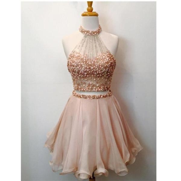 Cute Two-pieces Sleeveless Halter Blush Pink Short Prom Dresses,homecoming Dresses