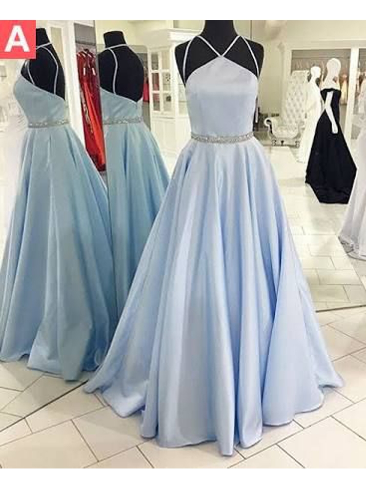 Charming A Line Halter Backless Light Blue Satin Long Prom Dresses With Beading, Formal Evening Dresses