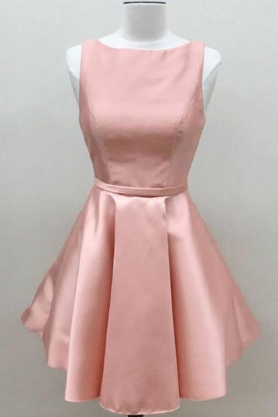 Simple A Line Pink Satin Scoop Short Prom Dresses Homecoming Dresses