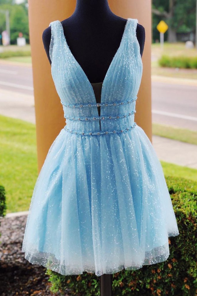 Sparkly Beading Sky Blue Short Prom Dresses Sequins Homecoming Dress