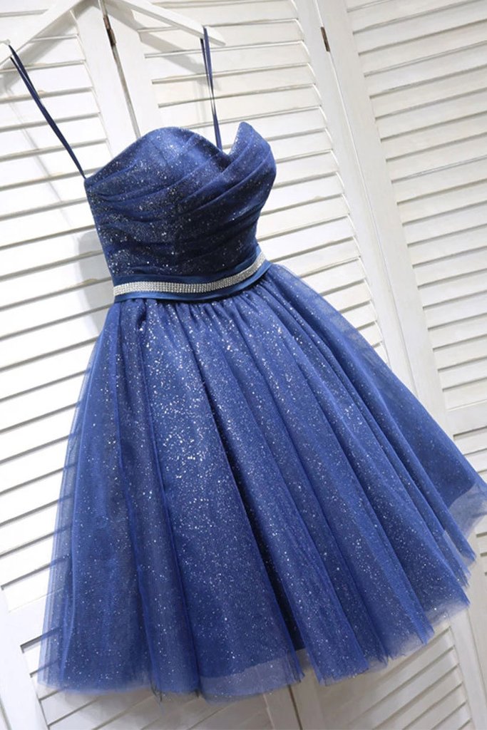 Glitter Sweetheart Blue Short Prom Homecoming Dress With Beading