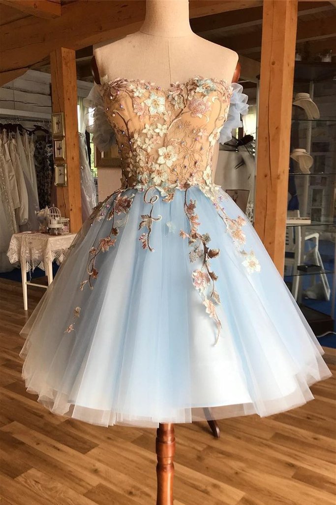 Pretty Lace Up Appliques Short Prom Dress Cute Light Blue Homecoming Dress