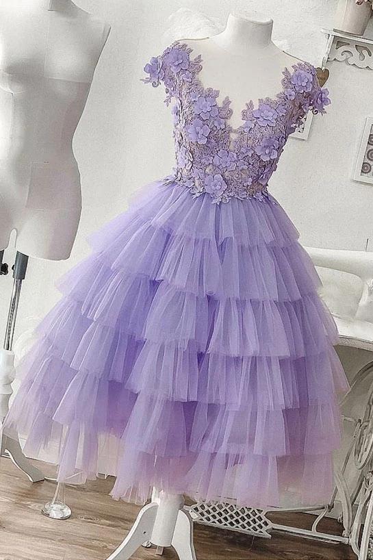 A-line Applique Lilac Tulle Short Homecoming Dress With Layered