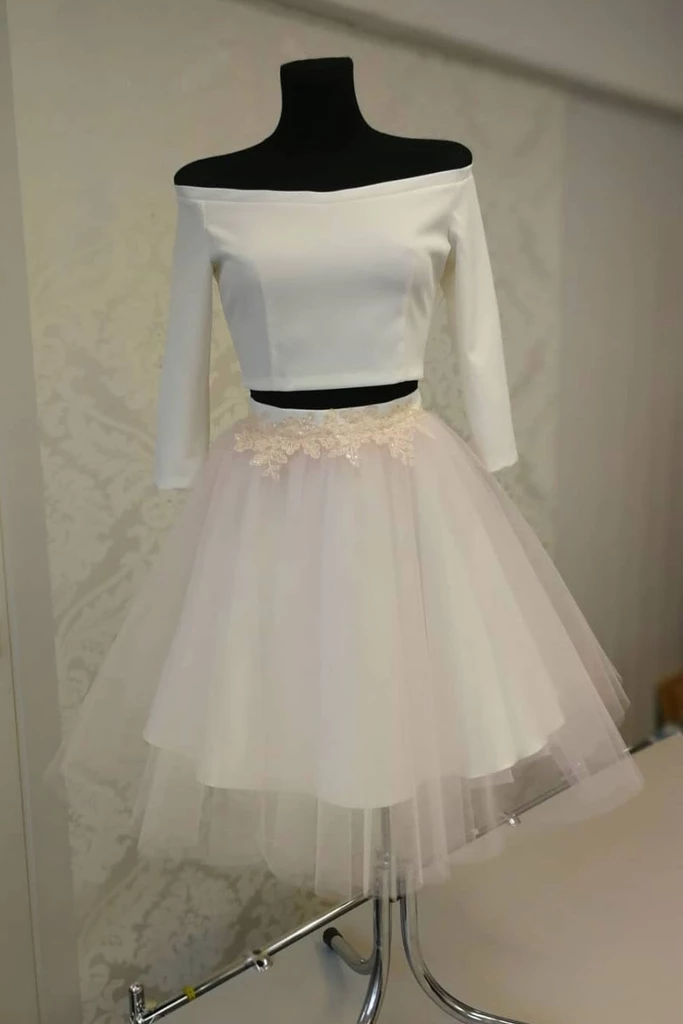 3/4 Sleeve Two Pieces Short Prom Dress Ivory Homecoming Dress,cocktail Dresses