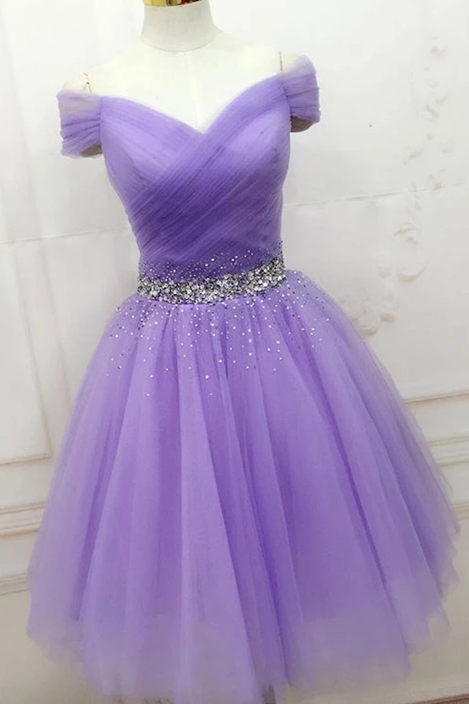 A-line Cap Sleeve Beaded Short Prom Dress Lilac Homecoming Dress