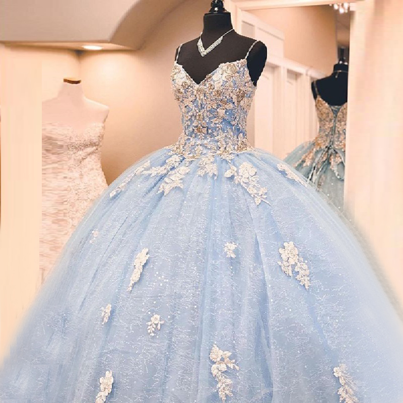 Pretty Ball Gown Sky Blue Shiny Lace Quinceanera Dresses Open Back Formal Prom Sweet 16
