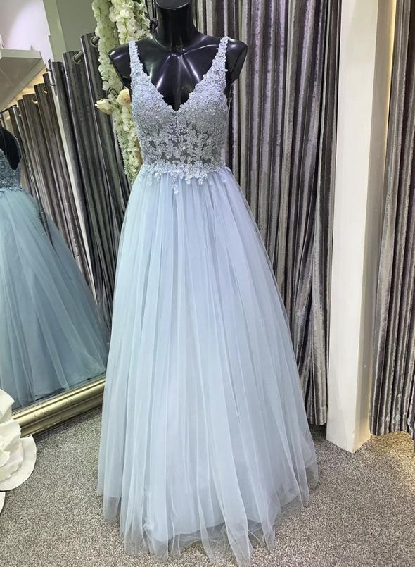 Light Blue V Neck Tulle Long Prom Dress Lace Applique Floor Length Evening Dresses