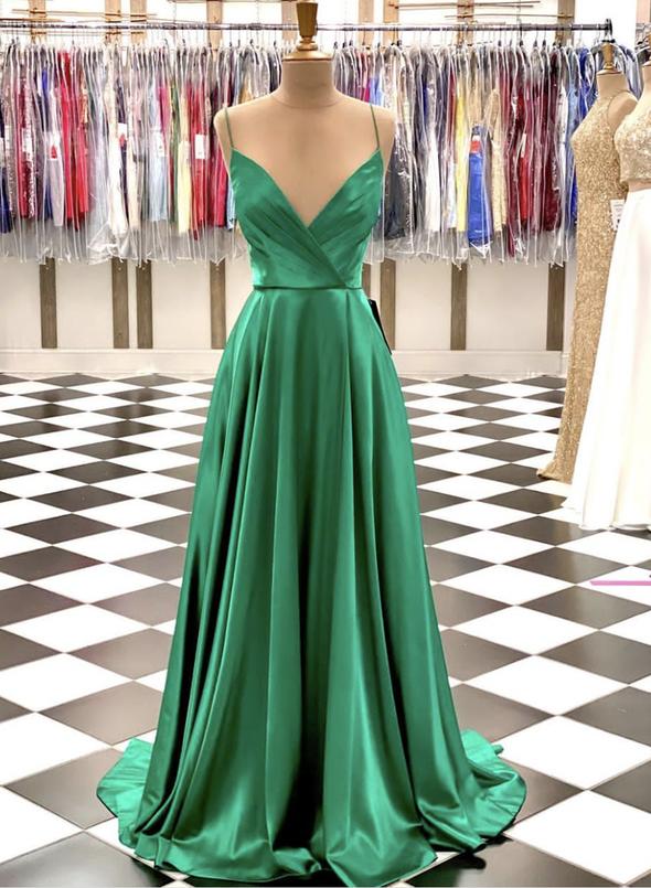 Simple Green Satin Long Prom Dresses Back Open A Line Evening Dress