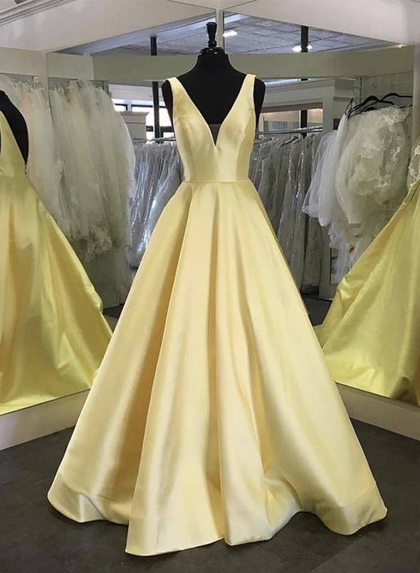 Beautiful Yellow V Neck Satin Long Prom Dress Floor Length A-line Evening Dress