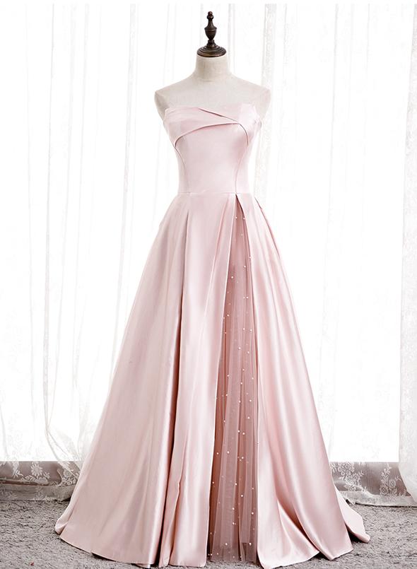 Real Picture Pink Satin Long Prom Dress Corset Women Evening Dress With Pearls