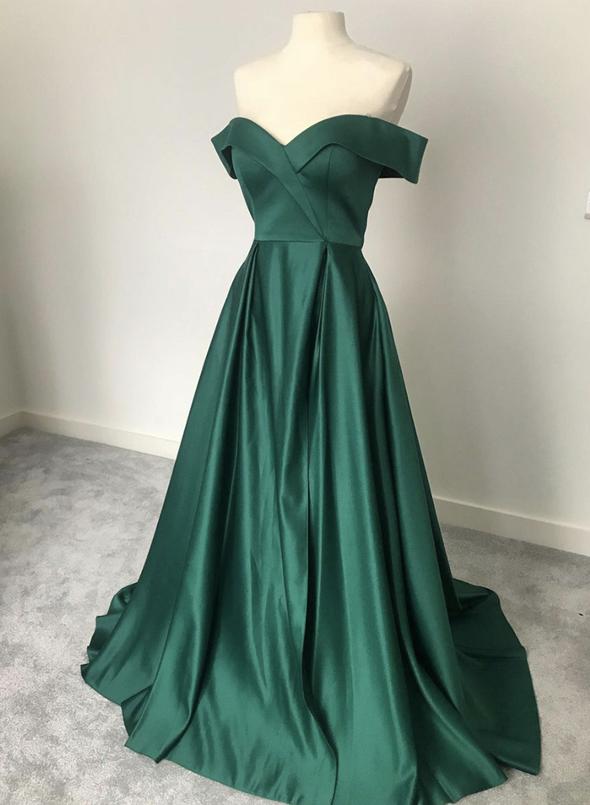 Green Satin Long Prom Dress Off Shoulder Sweep Train Simple Evening Dress