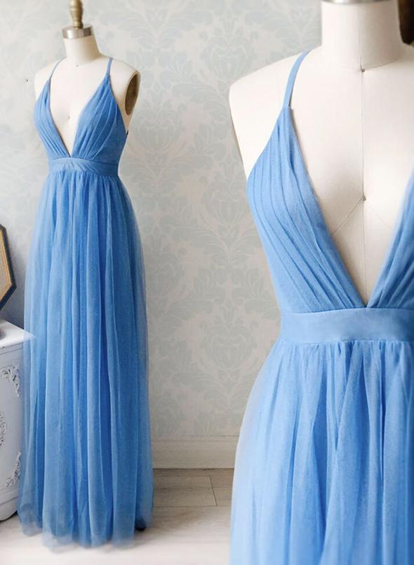Sexy Backless Blue V Neck Tulle Long Prom Dresses Evening Dress