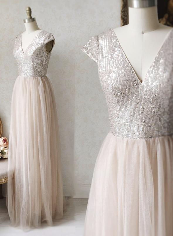 A Line V Neck Tulle Sequins Long Prom Dress Evening Dresses