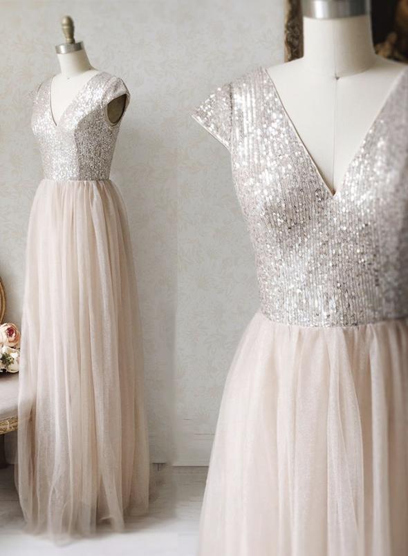 A Line V Neck Blue Tulle Sequins Prom Dress with Slit LBQ3313