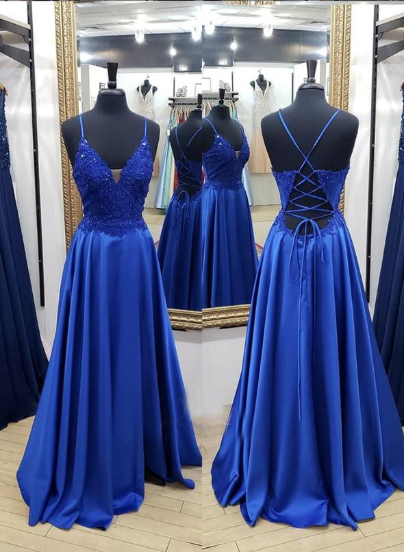 Royal Blue Spaghetti Straps Lace Applique A Line Long Prom Dresses Evening Dress