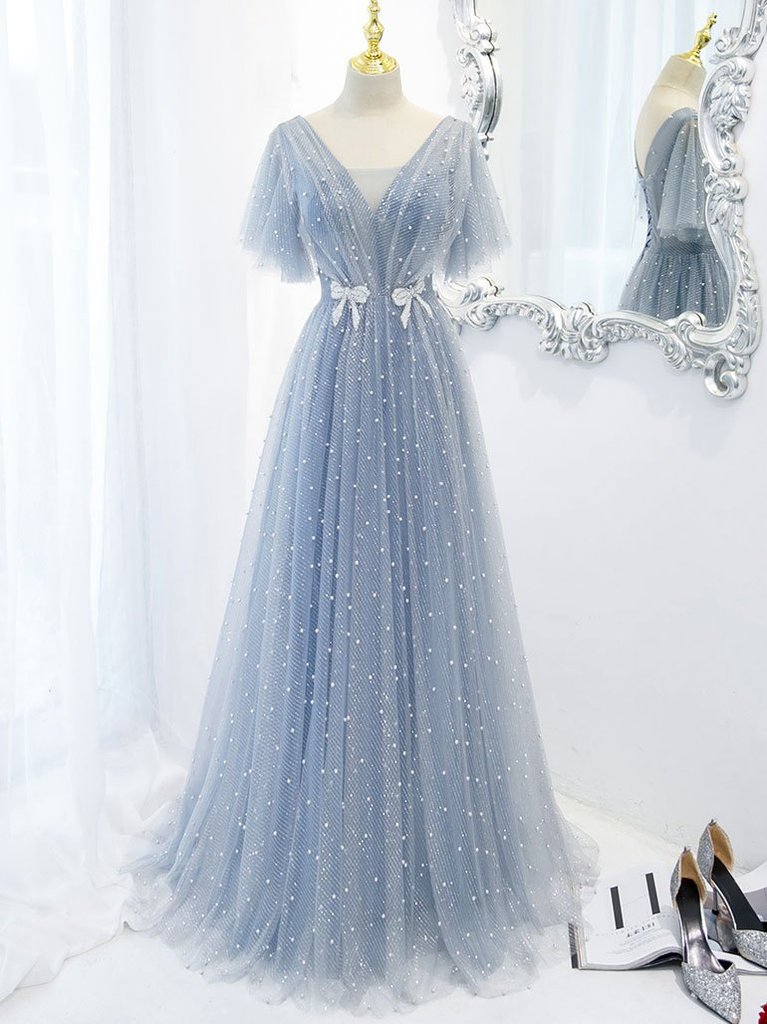 Blue Tulle Beaded V Neck Long A Line Prom Dress Formal Dress With Sleeves