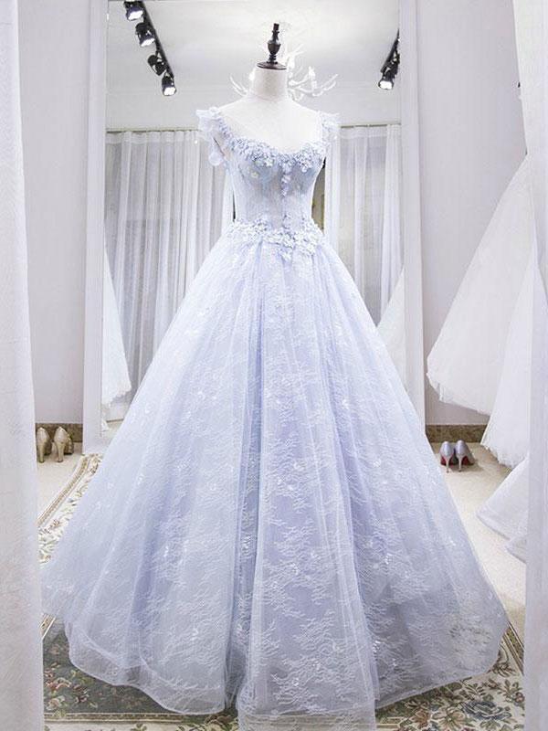 Light Blue Lace Tulle Sweetheart Long Formal Prom Dress Teenager Quinceanera Dresses