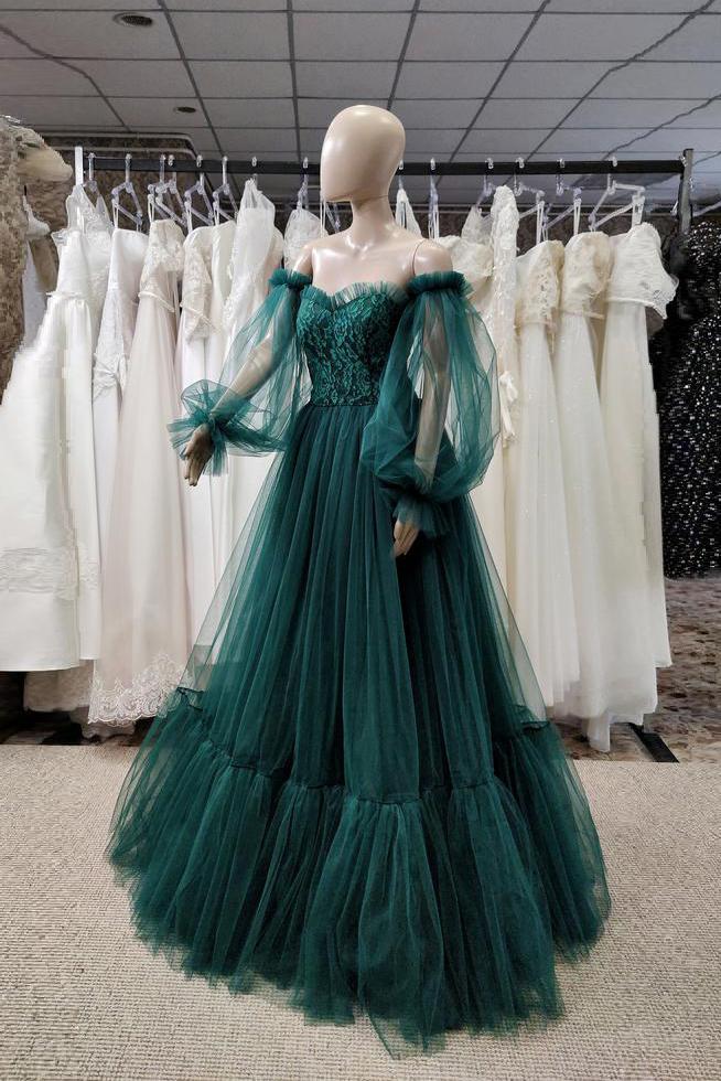 Pretty Green Lace Prom Dresses Puff Long Sleeves Off The Shoulder Lace Appliques Tulle Ball Gown Women Homecoming Party Gowns