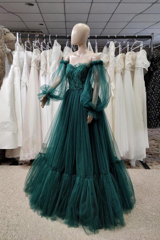 Pretty Green Lace Prom Dresses Puff Long Sleeves Off The Shoulder