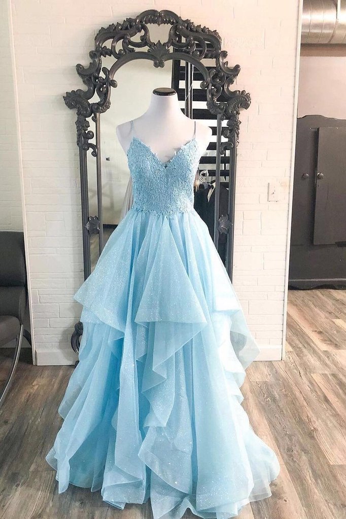 Blue Tulle Lace V-neck Spaghetti Strap Flower Lace Sparking Tulle Ruffles A-line Floor Length Women Prom Dress Party Dresses