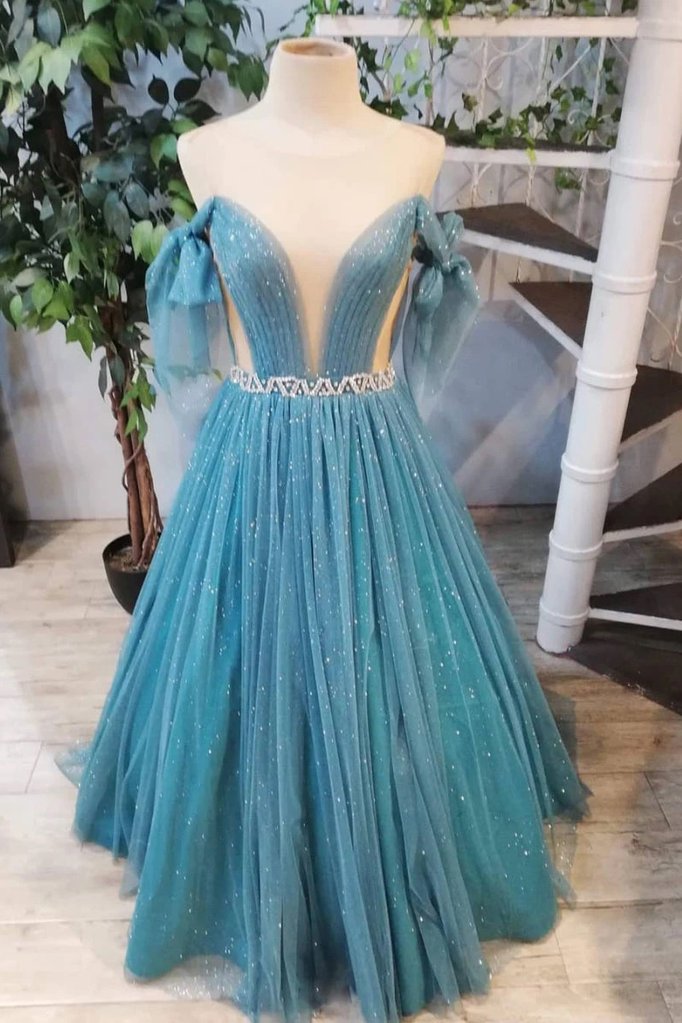 Green Tulle Crystal Off Shoulder Long Customize Prom Dress, Evening Dresses