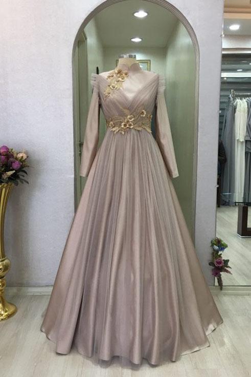 Flowers Appliques Muslim Prom Dress High Neck Long Sleeve Pleats Saudi Arabic Formal Party Gowns