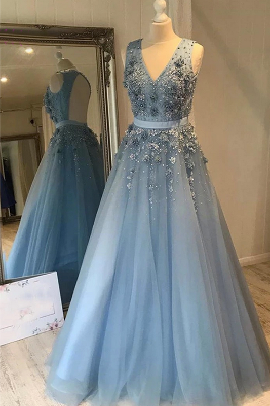 Sky Blue Tulle Prom Dress Open Back V-neck Long Evening Dresses 2021 Appliqued Formal Party Dress