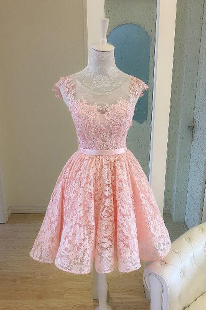 Pink Lace Short Prom Dress, Lace Appliques Bridesmaid Dress