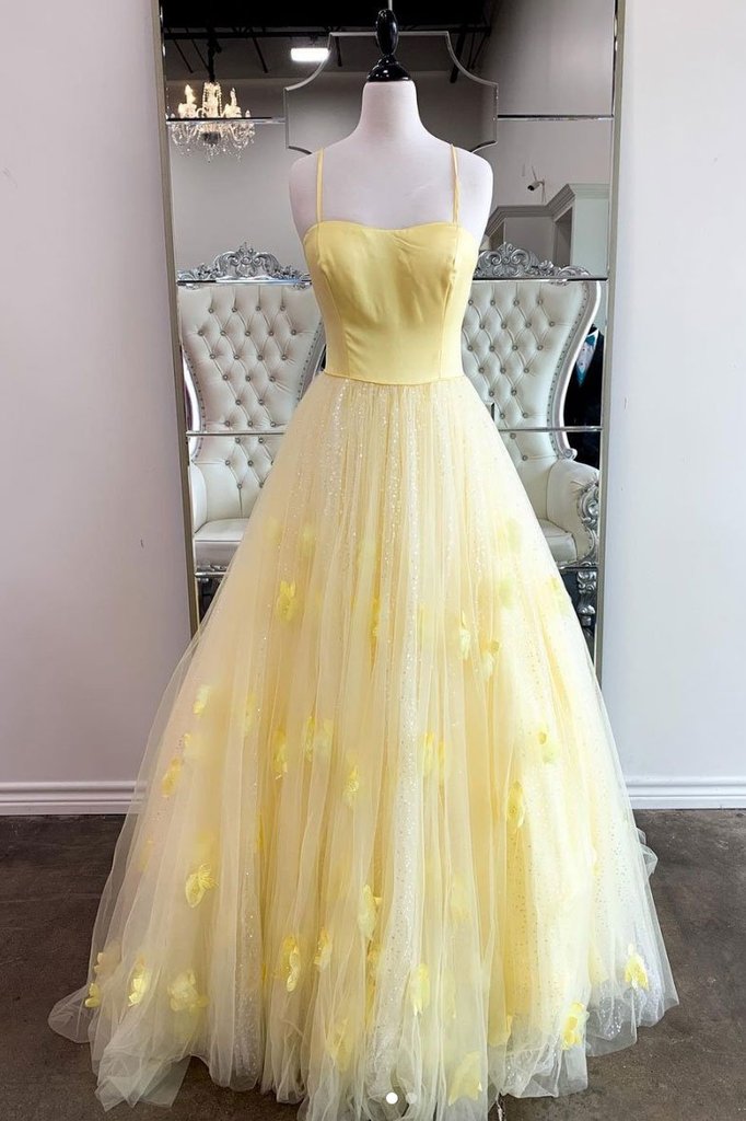 Fresh Yellow Tulle Spaghetti Straps Long A Line Prom Dress, Graduation Evening Dresses