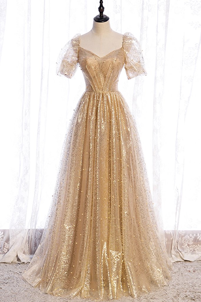 Gold Tulle Short Puffy Sleeves Long Sweet 16 Prom Dress, Party Dresses