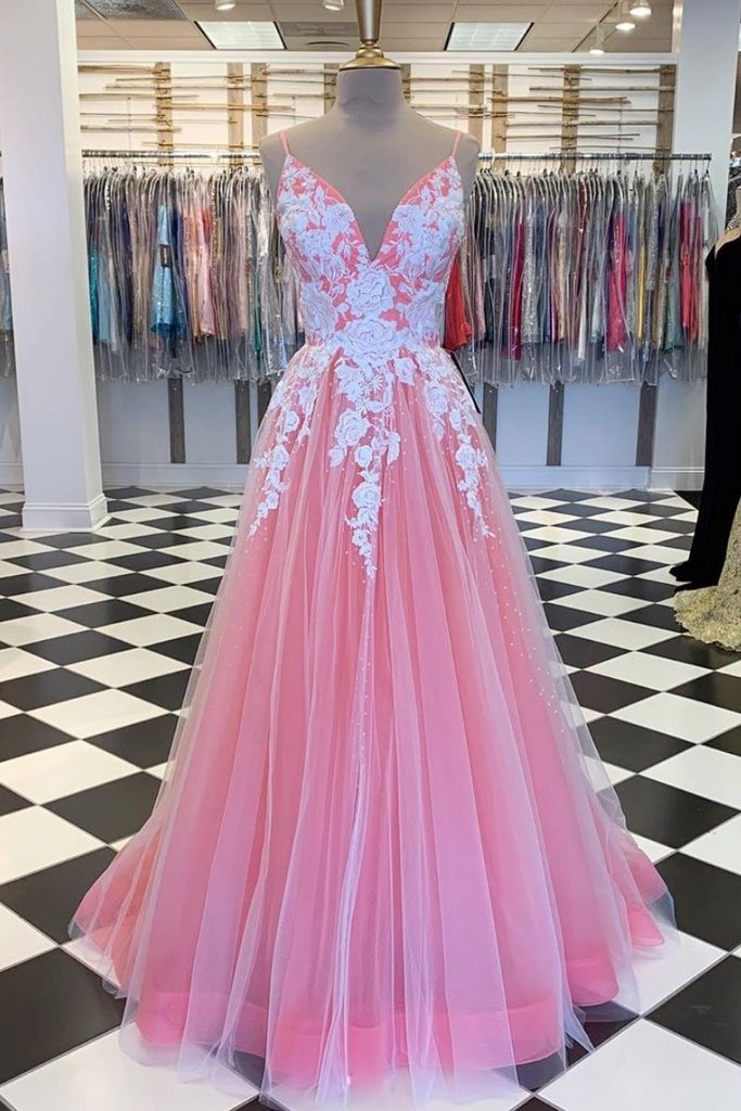 Pretty Pink Tulle V Neck Long A Line Prom Dress, Evening Dress With Lace Applique