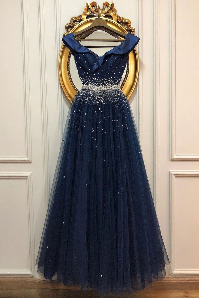 Deep Blue Satin Tulle V Neck Long Beaded A Line Prom Dress, Formal Dresses