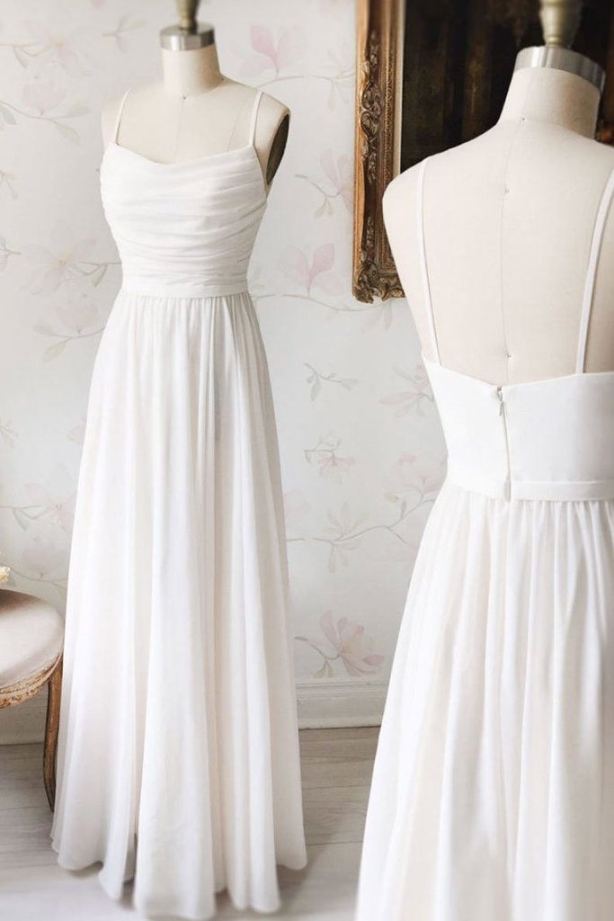 White Chiffon Simple Long A Line Prom Dress, Evening Dresses
