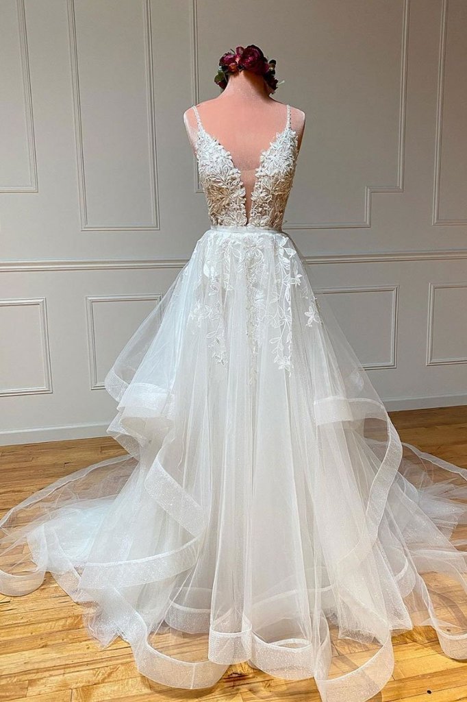 White Lace Tulle V Neck Long Prom Dress Backless Lace Wedding Dress