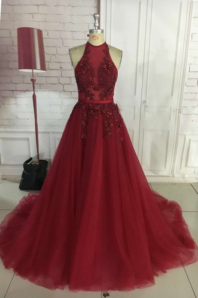 knee length dresses for ladies A Line V Neck Burgundy Backless Prom Dresses, Wine Red Beaded Backless –  jbydress main image 0