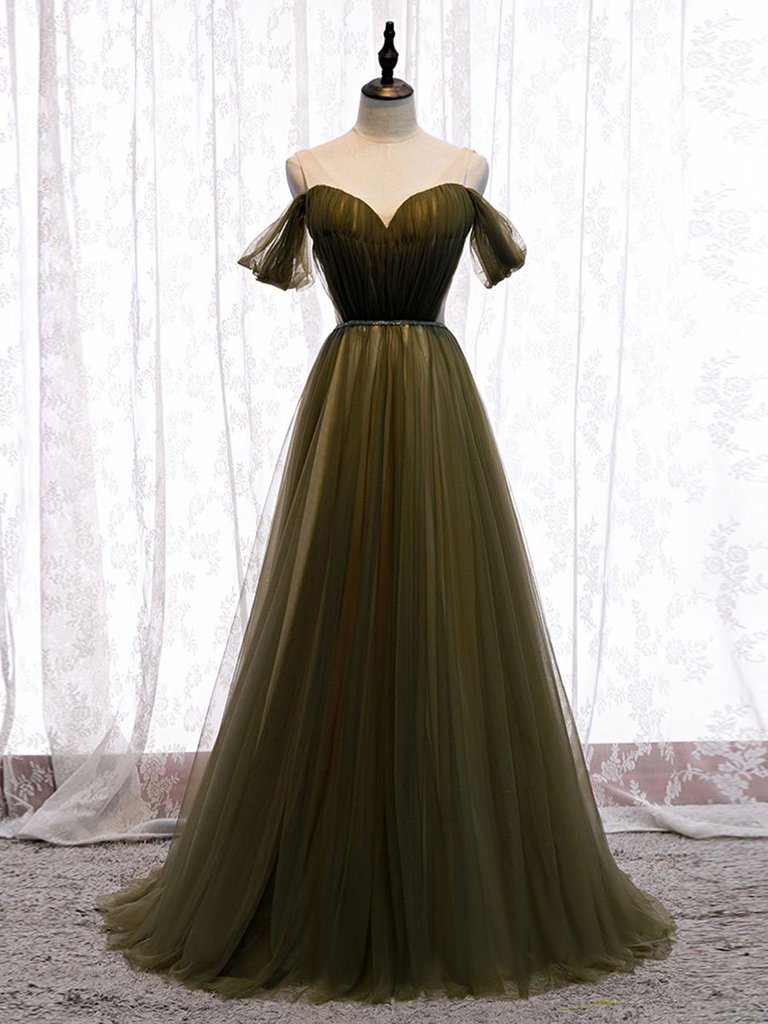 Simple Deep Green Tulle Off Shoulder Long Dress, Prom Dress, Customize Evening Dress