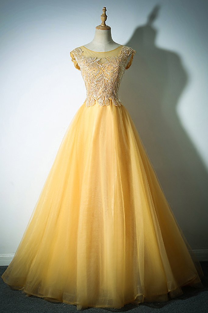 Yellow Long Lace Prom Dresses A Line 8th Grade Women Tulle Formal Dresses For Graduation Gown