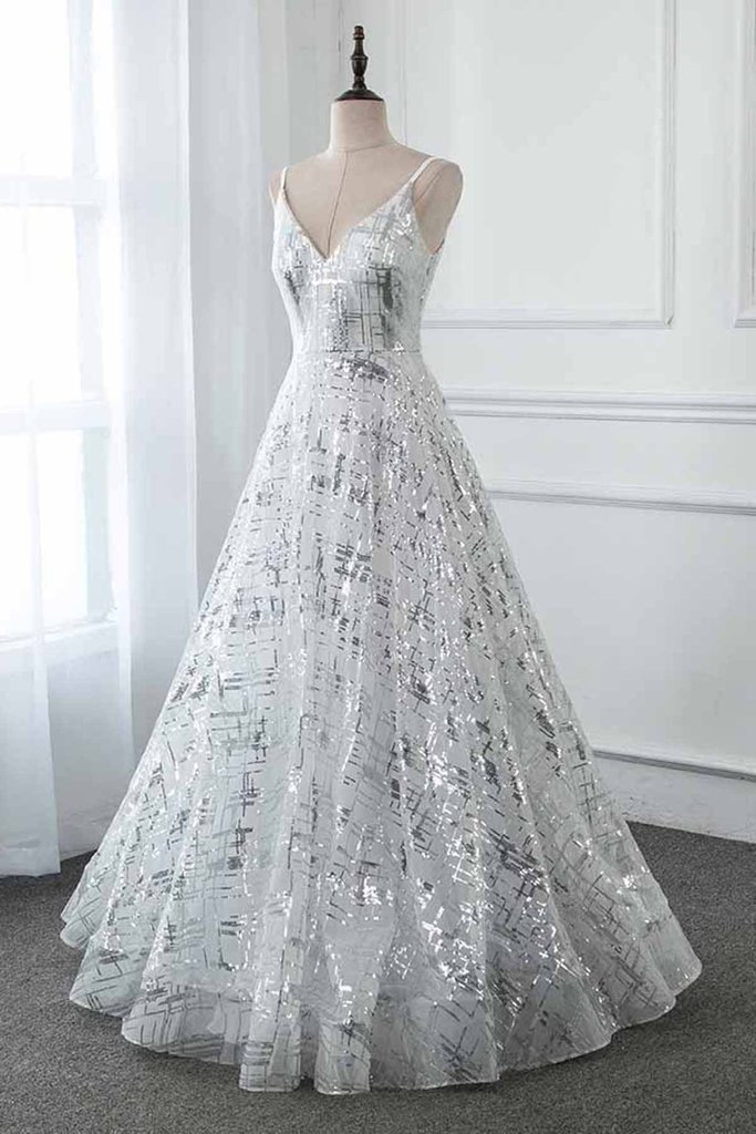 Silver High Neck Sequins Appliques Sleeveless Sequins Prom Dress